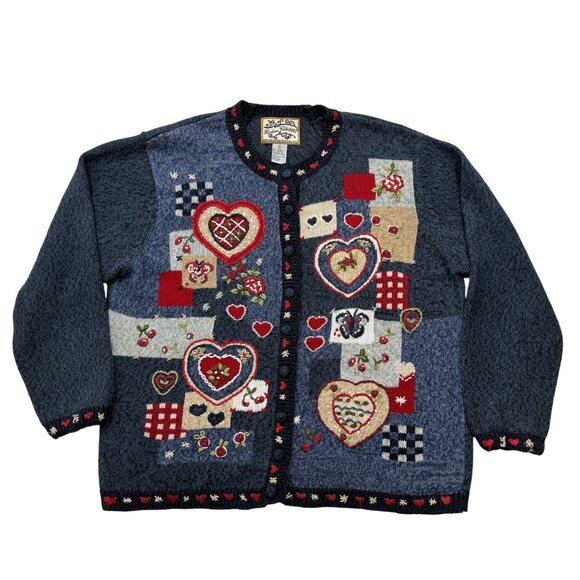 VTG Heirloom Collectibles Hearts & Flowers Embroidered Cardigan Sweater Womens L - Picture 1 of 10
